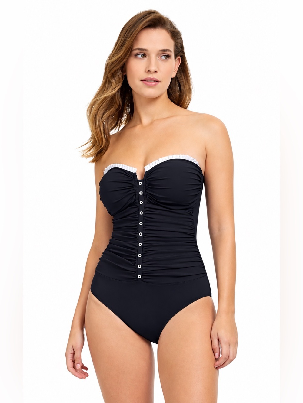 PROFILE BY GOTTEX FRENCH PLEATS SHIRRED FRONT BANDEAU STRAPLESS  SWIMSUIT